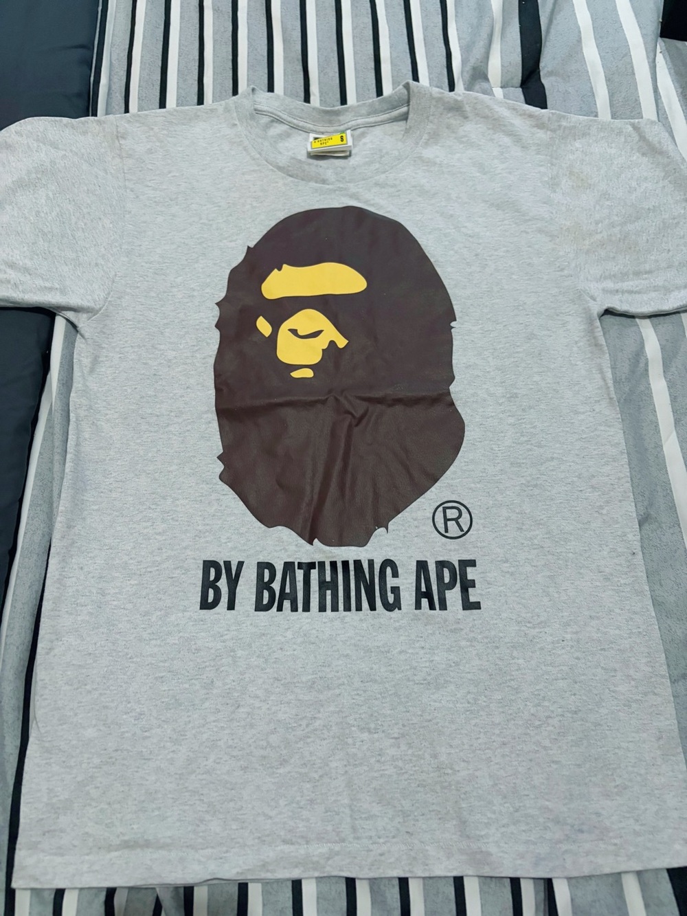 BY BATHING APE Gray Logo Tee with Brown & Yellow Ape Graphic